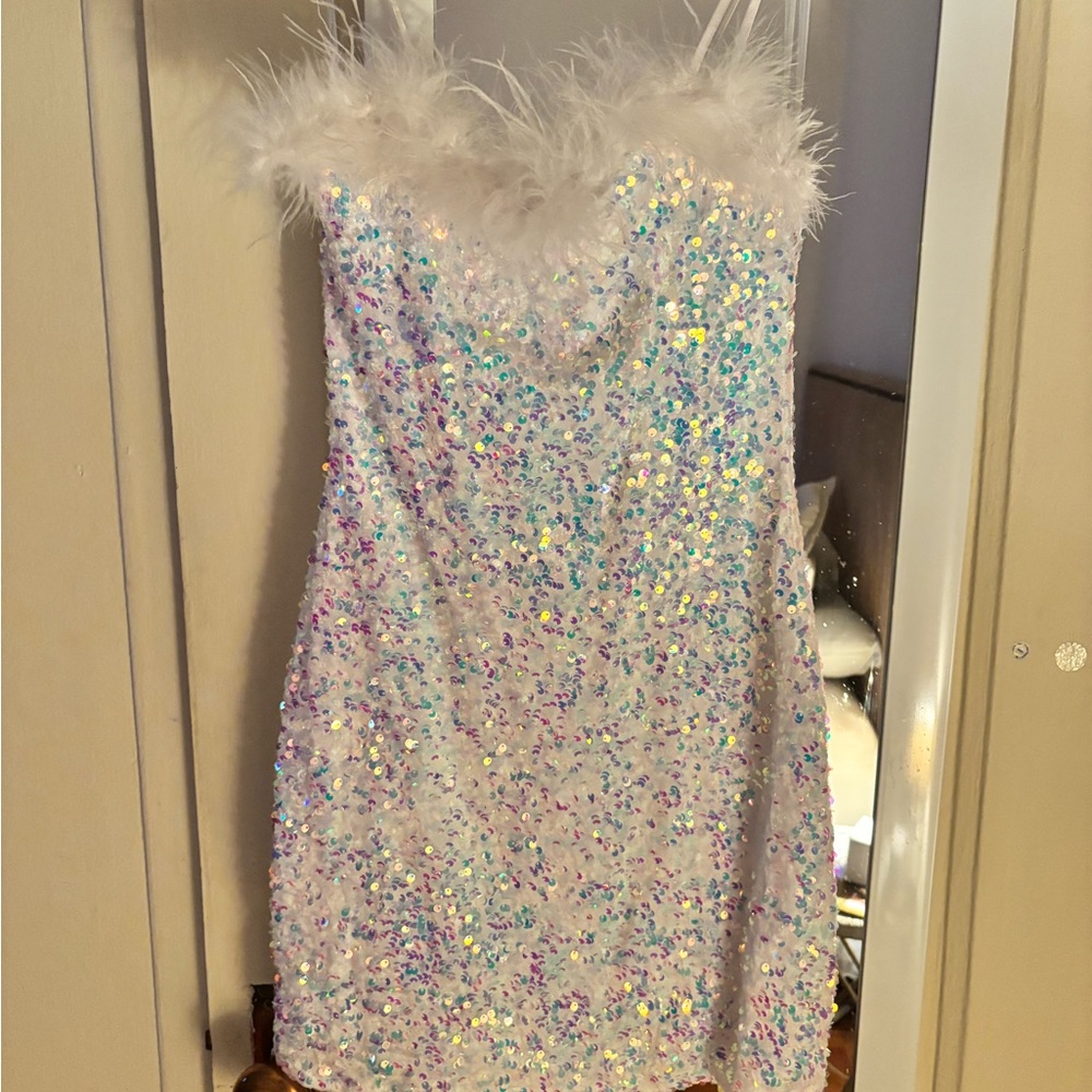 Macy's White Sequin Mini Dress with Feather Trim